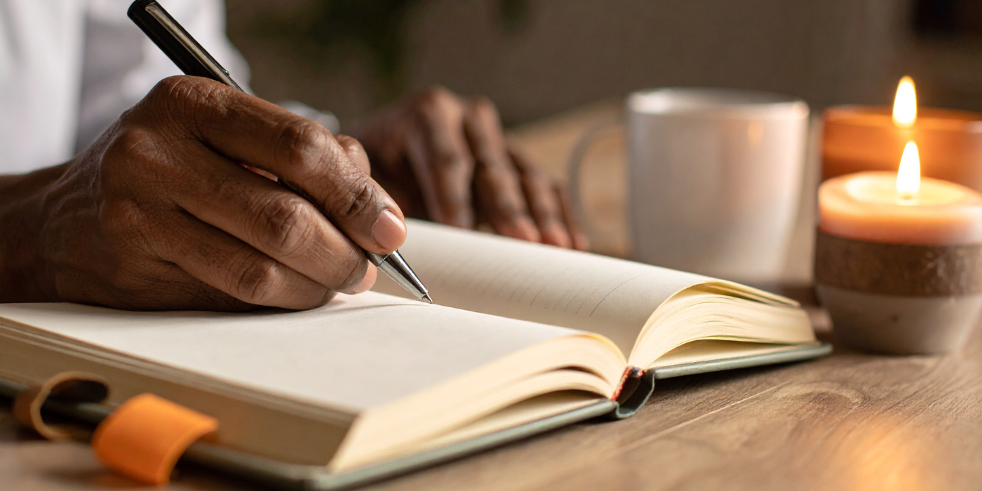 person writing in journal