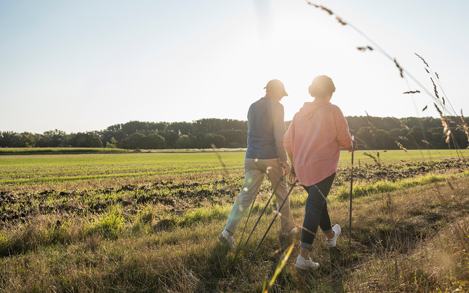 Older adults walking outdoors with trekking poles at sunset